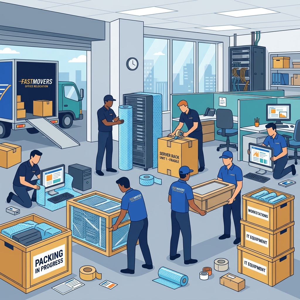 Movers wrapping office workstations